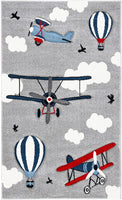 Carousel Kids Collection  Airplane Hot Air Balloon Non-Shedding Area Rug Light Grey/Red