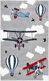 Carousel Kids Collection  Airplane Hot Air Balloon Non-Shedding Area Rug Light Grey/Red
