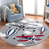Carousel Kids Collection  Airplane Hot Air Balloon Non-Shedding Area Rug Light Grey/Red