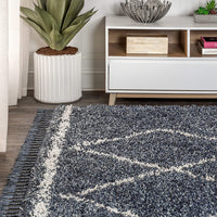 Plush Tassel Moroccan Tribal Geometric Trellis Shag Area Rugs Denim Blue/Cream