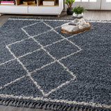 Plush Tassel Moroccan Tribal Geometric Trellis Shag Area Rugs Denim Blue/Cream