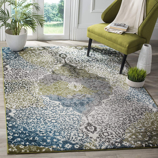 Floral Medallion Ivory Peacock Blue Area Rugs