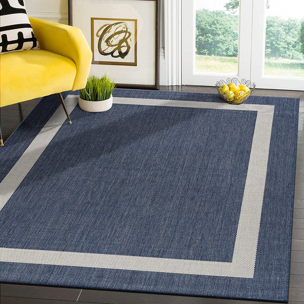 Modern Area Rugs for Indoor Outdoor Bordered Blue White