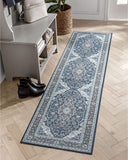 Eugene Blue Oriental Medallion Non-Slip Rubber Backed Area Rug