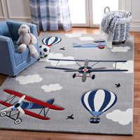 Carousel Kids Collection  Airplane Hot Air Balloon Non-Shedding Area Rug Light Grey/Red