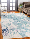 Coastal Modern Coral Lobster Shells Soft Area Rug, Light Blue/Beige