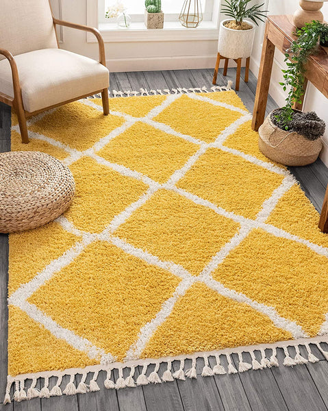 Celina Yellow Moroccan Shag Diamond Trellis Pattern Area Rug