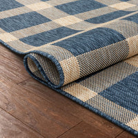 Freja Blue & Beige Indoor/Outdoor Flat Weave Pile Buffalo Check Pattern Area Rug