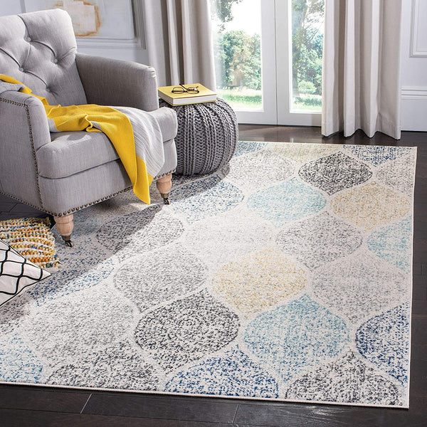 Geometric Trellis Distressed Ivory/blue  Soft Area Rug