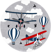Carousel Kids Collection  Airplane Hot Air Balloon Non-Shedding Area Rug Light Grey/Red