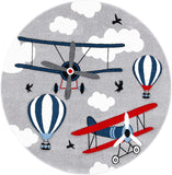 Carousel Kids Collection  Airplane Hot Air Balloon Non-Shedding Area Rug Light Grey/Red