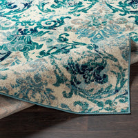 Damask Pattern Soft Teal Aqua Ivory Area Rug