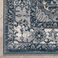 Vintage Oriental Floral Border Blue Soft Area Rug