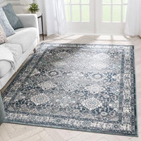Vintage Oriental Floral Border Blue Soft Area Rug
