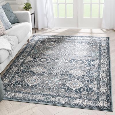 Vintage Oriental Floral Border Blue Soft Area Rug