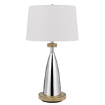 Charlie 31 Inch Modern Table Lamp, Drum Shade, Glossy Chrome, White, Brown