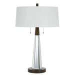 Fabric Shade Table Lamp with Faceted Mirror and Wooden Base, White - 28.5 H x 18 W x 18 L Inches