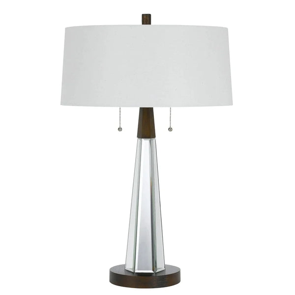 Fabric Shade Table Lamp with Faceted Mirror and Wooden Base, White - 28.5 H x 18 W x 18 L Inches