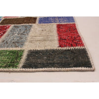 Hand-knotted Color Patchwork Green, Red Wool Soft Rug