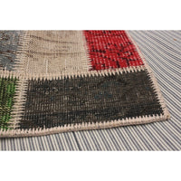 Hand-knotted Color Patchwork Green, Red Wool Soft Rug