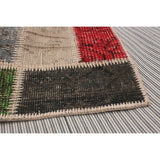 Hand-knotted Color Patchwork Green, Red Wool Soft Rug
