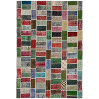 Hand-knotted Color Patchwork Green, Red Wool Soft Rug