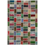 Hand-knotted Color Patchwork Green, Red Wool Soft Rug