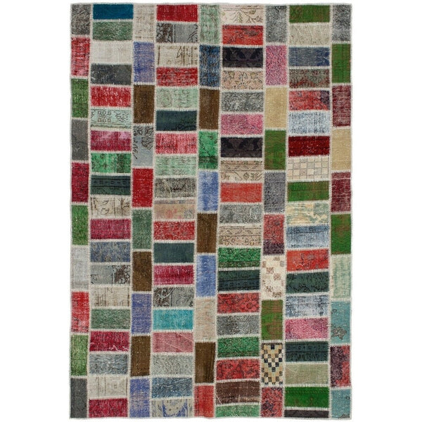 Hand-knotted Color Patchwork Green, Red Wool Soft Rug
