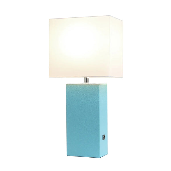 Lexington Leather Base Modern Lamp with Fabric Shade and USB