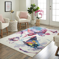 Home Watercolor Butterfli Soft Area Rug - Cream/Purple