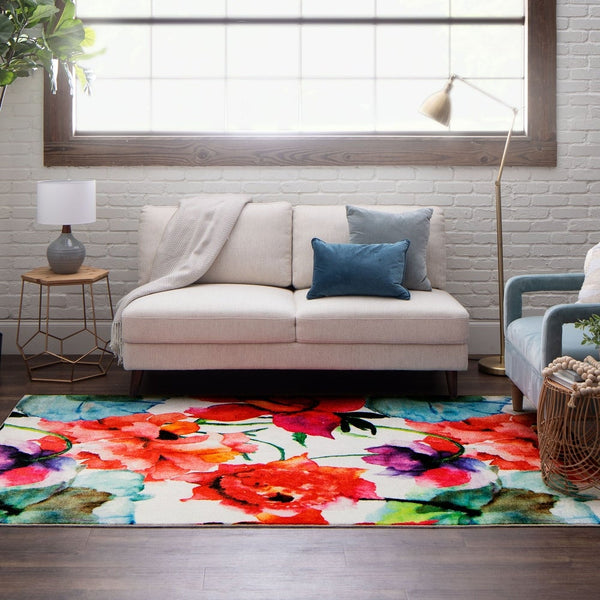 Home Watercolor Bouquet Floral Soft Area Rug Ivory/Pink/Blue
