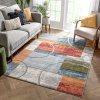 Modern Abstract Geometric Arcs & Shapes Multi Distressed High-Low Soft AreaRug