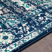 Traditional Medallion Distressed Navy Blue Cream Light Gray Area Rug