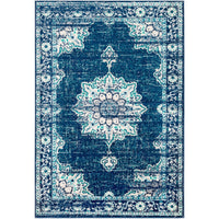 Traditional Medallion Distressed Navy Blue Cream Light Gray Area Rug