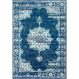 Traditional Medallion Distressed Navy Blue Cream Light Gray Area Rug