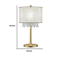Table Lamp with Hanging Crystal Accents, White and Gold