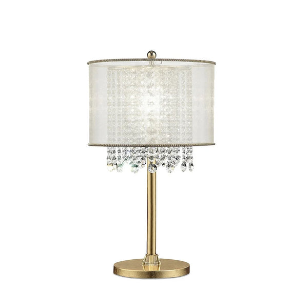 Table Lamp with Hanging Crystal Accents, White and Gold