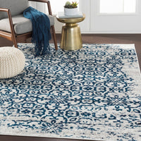 Distressed Damask Navy Blue White Area Rug