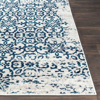 Distressed Damask Navy Blue White Area Rug