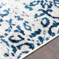 Distressed Damask Navy Blue White Area Rug