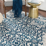 Distressed Damask Navy Blue White Area Rug