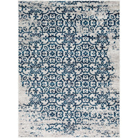 Distressed Damask Navy Blue White Area Rug