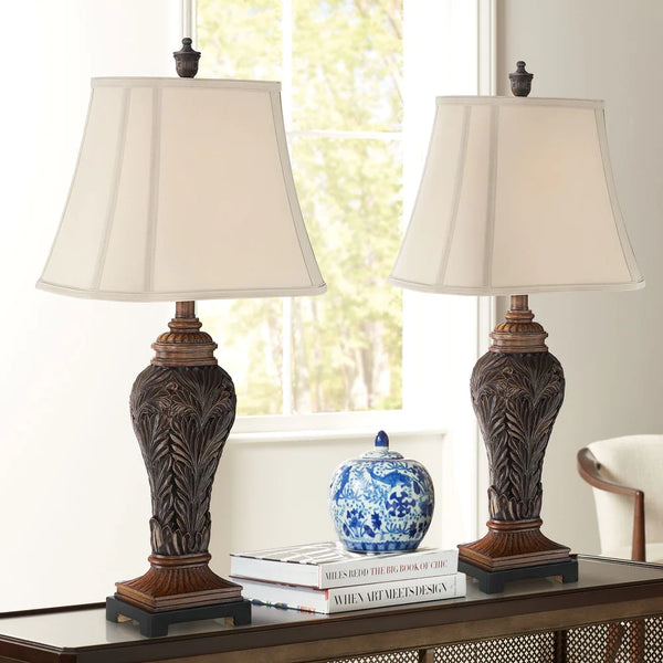 raditional Table Lamps 29.25" Tall Set of 2 Leafwork Bronze Vase Light Tan Cut Corner Rectangular Shade